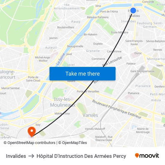 Invalides to Hôpital D'Instruction Des Armées Percy map