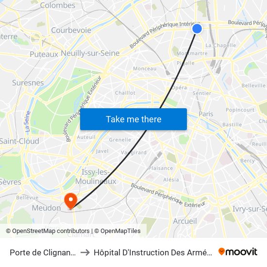 Porte de Clignancourt to Hôpital D'Instruction Des Armées Percy map