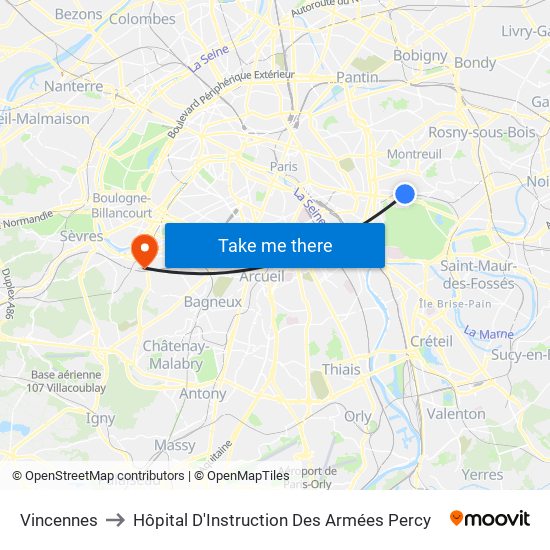 Vincennes to Hôpital D'Instruction Des Armées Percy map