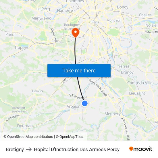Brétigny to Hôpital D'Instruction Des Armées Percy map