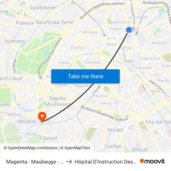 Magenta - Maubeuge - Gare du Nord to Hôpital D'Instruction Des Armées Percy map
