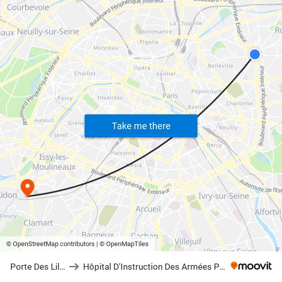 Porte Des Lilas to Hôpital D'Instruction Des Armées Percy map