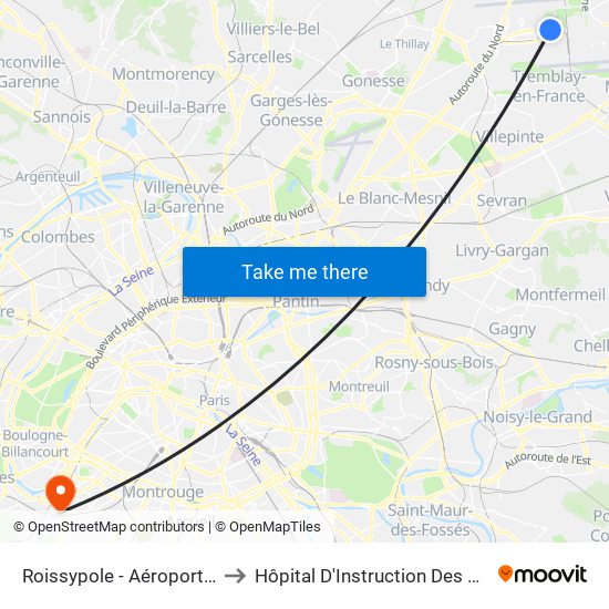 Roissypole - Aéroport Cdg1 (G1) to Hôpital D'Instruction Des Armées Percy map