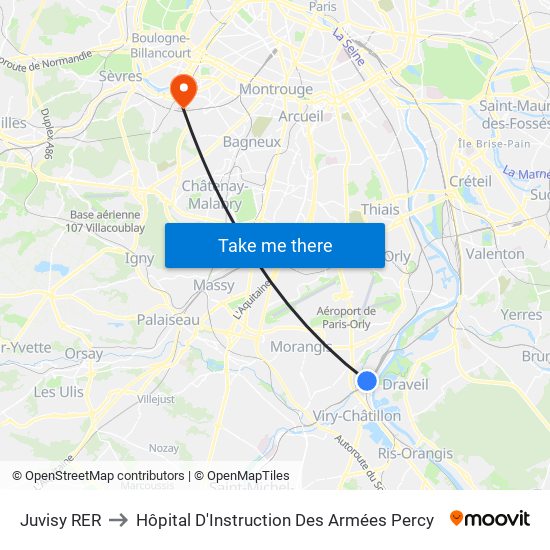 Juvisy RER to Hôpital D'Instruction Des Armées Percy map
