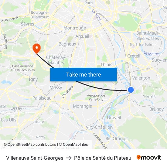 Villeneuve-Saint-Georges to Pôle de Santé du Plateau map
