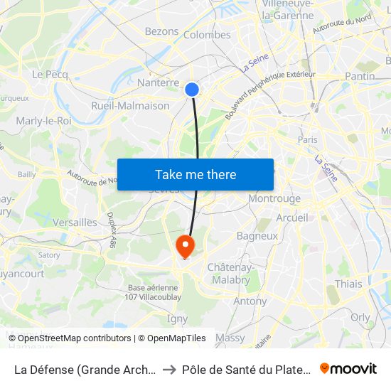 La Défense (Grande Arche) to Pôle de Santé du Plateau map