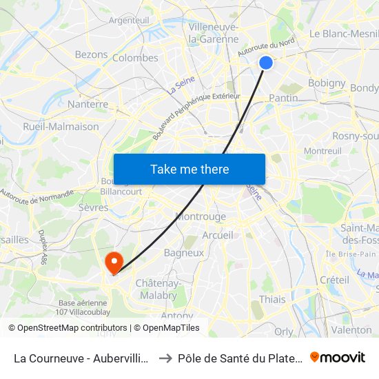 La Courneuve - Aubervilliers to Pôle de Santé du Plateau map