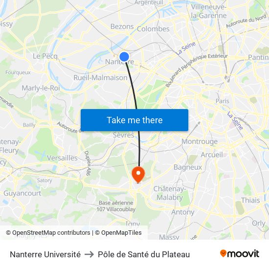 Nanterre Université to Pôle de Santé du Plateau map