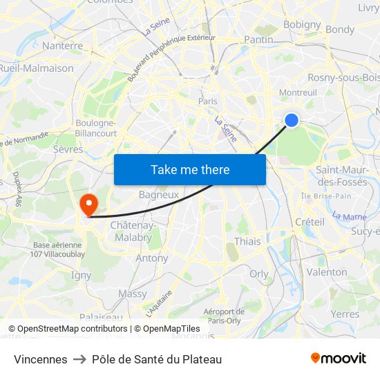 Vincennes to Pôle de Santé du Plateau map