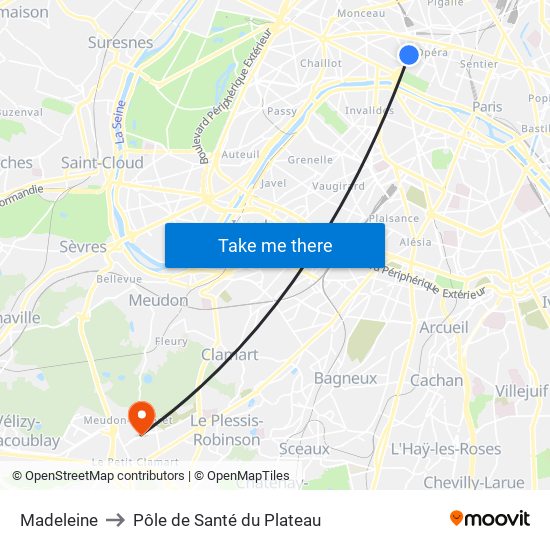 Madeleine to Pôle de Santé du Plateau map