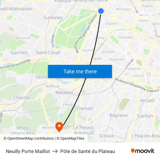 Neuilly Porte Maillot to Pôle de Santé du Plateau map