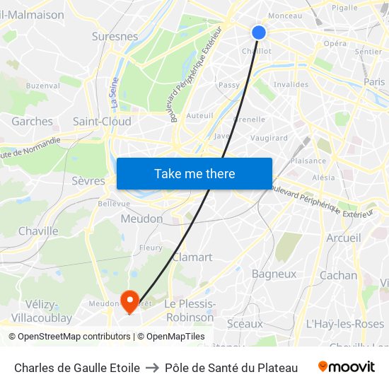 Charles de Gaulle Etoile to Pôle de Santé du Plateau map