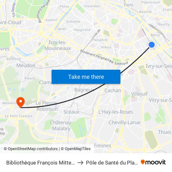 Bibliothèque François Mitterrand to Pôle de Santé du Plateau map