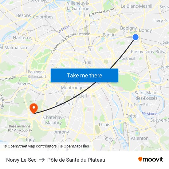 Noisy-Le-Sec to Pôle de Santé du Plateau map