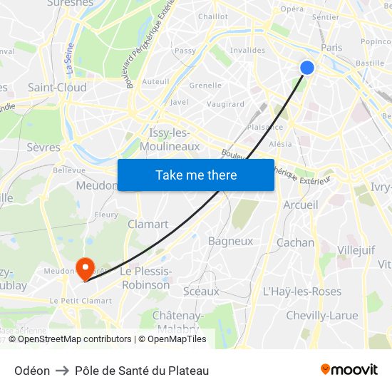 Odéon to Pôle de Santé du Plateau map