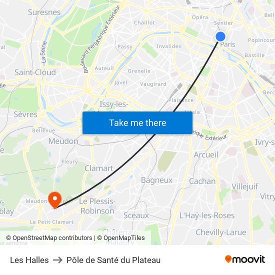 Les Halles to Pôle de Santé du Plateau map