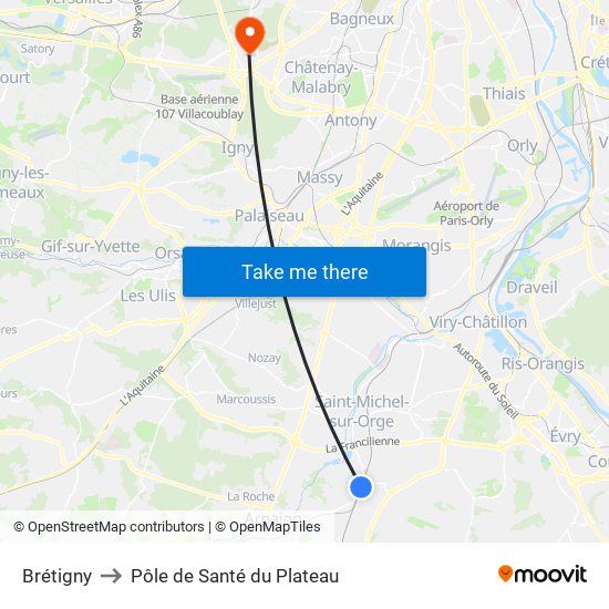 Brétigny to Pôle de Santé du Plateau map
