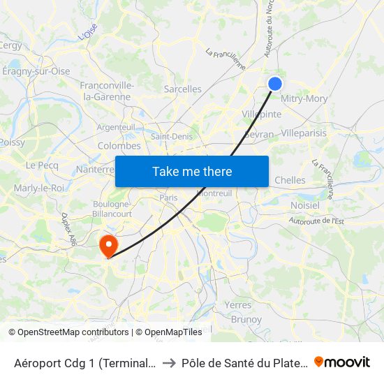 Aéroport Cdg 1 (Terminal 3) to Pôle de Santé du Plateau map