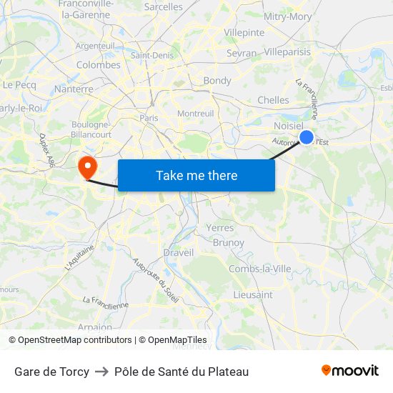 Gare de Torcy to Pôle de Santé du Plateau map