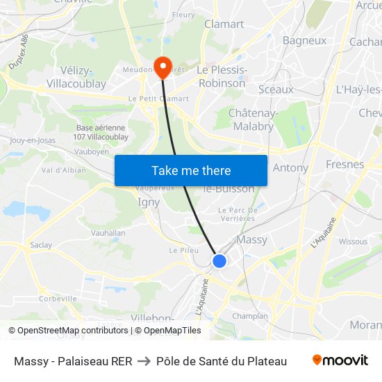 Massy - Palaiseau RER to Pôle de Santé du Plateau map