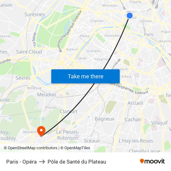 Paris - Opéra to Pôle de Santé du Plateau map