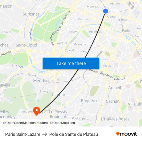 Paris Saint-Lazare to Pôle de Santé du Plateau map