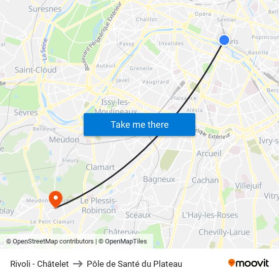 Rivoli - Châtelet to Pôle de Santé du Plateau map