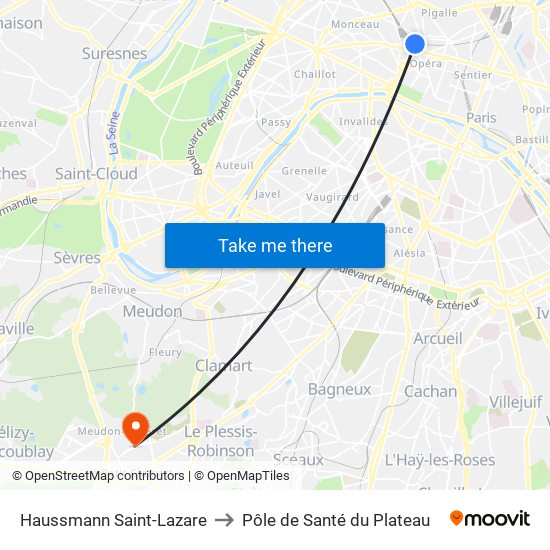 Haussmann Saint-Lazare to Pôle de Santé du Plateau map