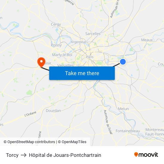 Torcy to Hôpital de Jouars-Pontchartrain map