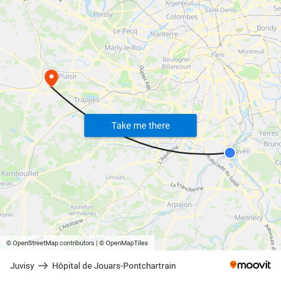 Juvisy to Hôpital de Jouars-Pontchartrain map