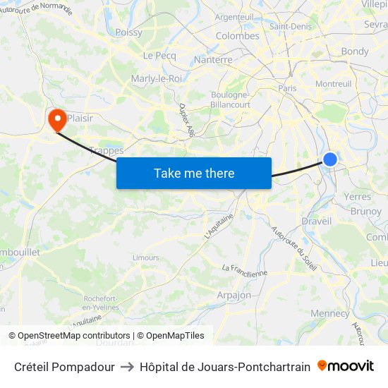 Créteil Pompadour to Hôpital de Jouars-Pontchartrain map