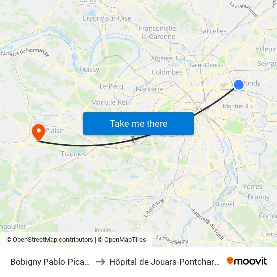 Bobigny Pablo Picasso to Hôpital de Jouars-Pontchartrain map