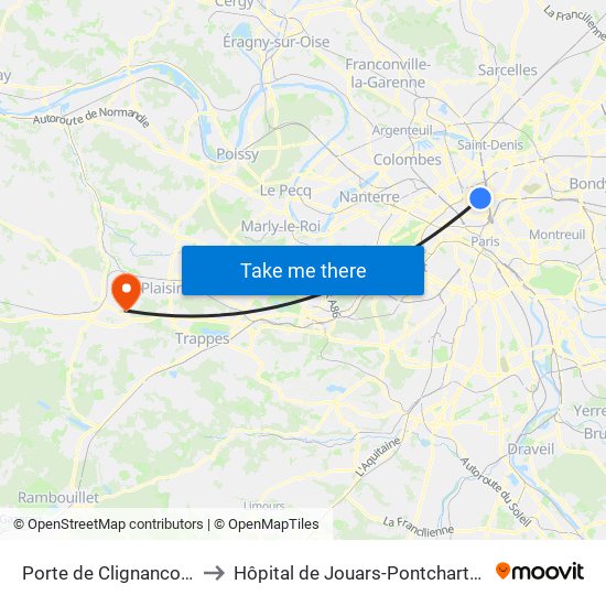 Porte de Clignancourt to Hôpital de Jouars-Pontchartrain map