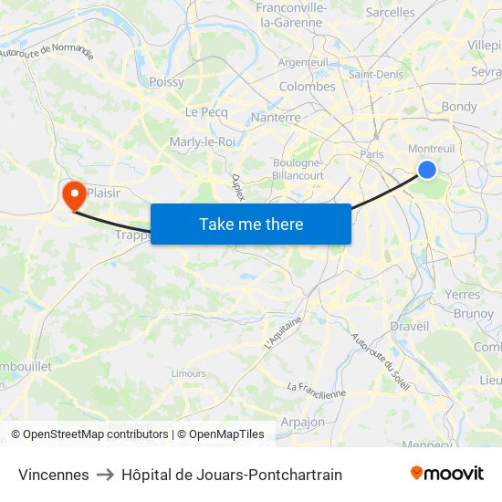 Vincennes to Hôpital de Jouars-Pontchartrain map