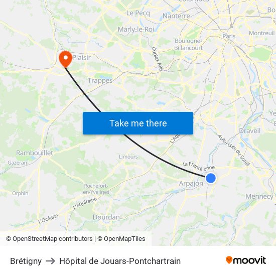 Brétigny to Hôpital de Jouars-Pontchartrain map