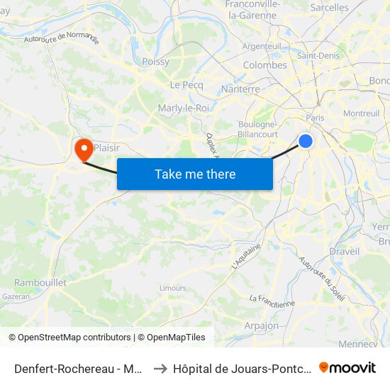 Denfert-Rochereau - Métro-Rer to Hôpital de Jouars-Pontchartrain map