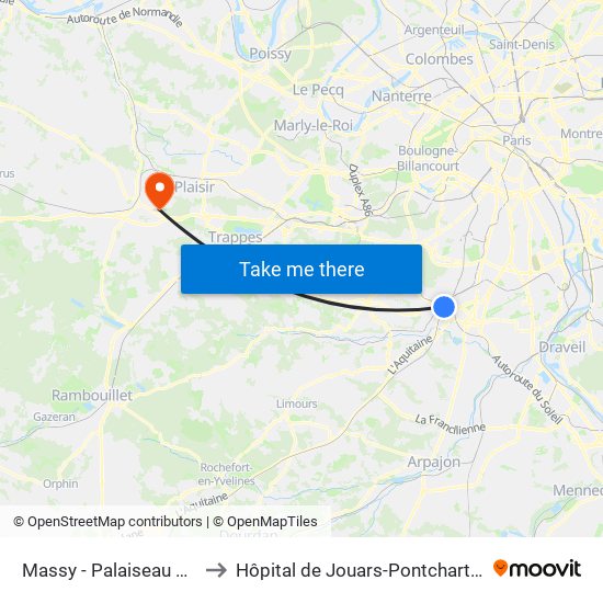Massy - Palaiseau RER to Hôpital de Jouars-Pontchartrain map