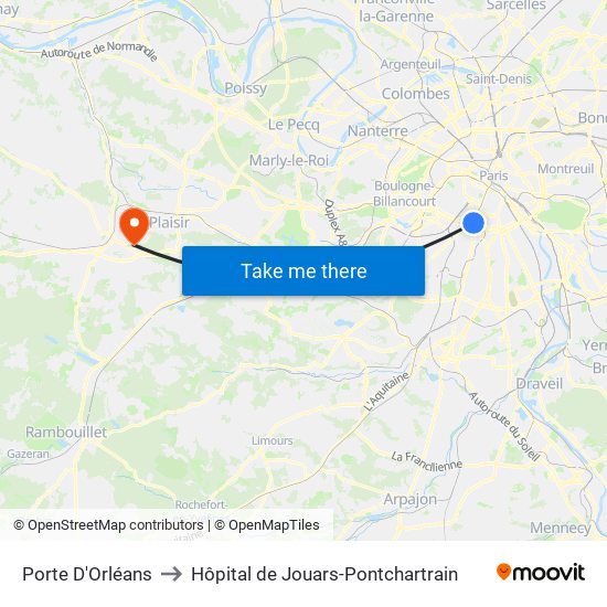 Porte D'Orléans to Hôpital de Jouars-Pontchartrain map