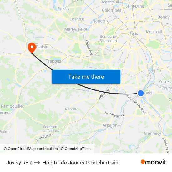 Juvisy RER to Hôpital de Jouars-Pontchartrain map