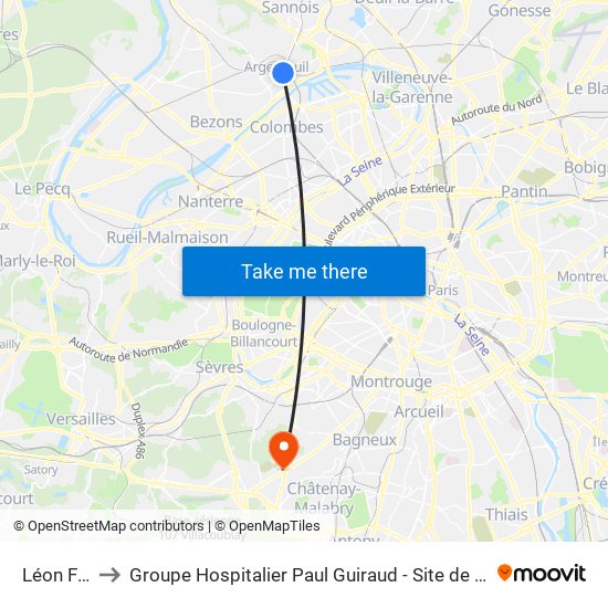 Léon Feix to Groupe Hospitalier Paul Guiraud - Site de Clamart map