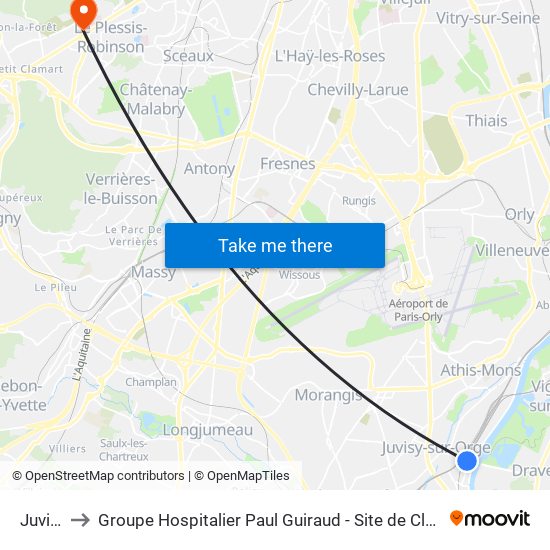 Juvisy to Groupe Hospitalier Paul Guiraud - Site de Clamart map
