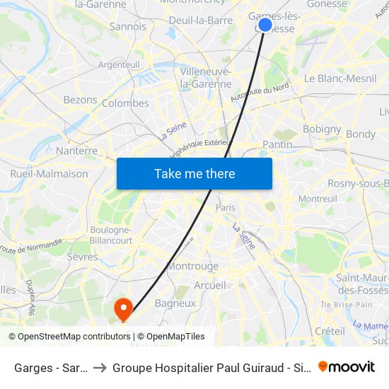 Garges - Sarcelles to Groupe Hospitalier Paul Guiraud - Site de Clamart map