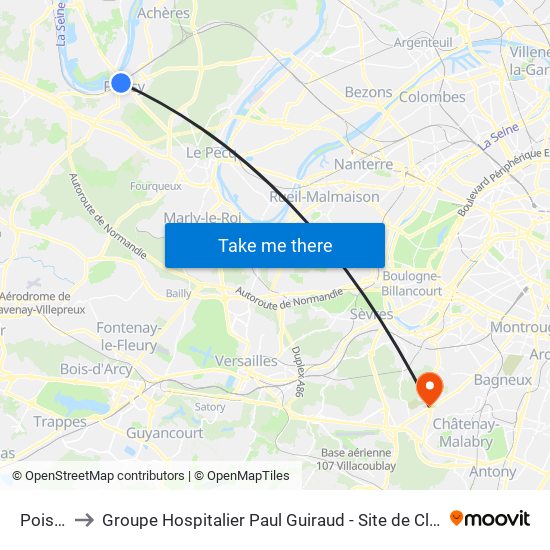Poissy to Groupe Hospitalier Paul Guiraud - Site de Clamart map