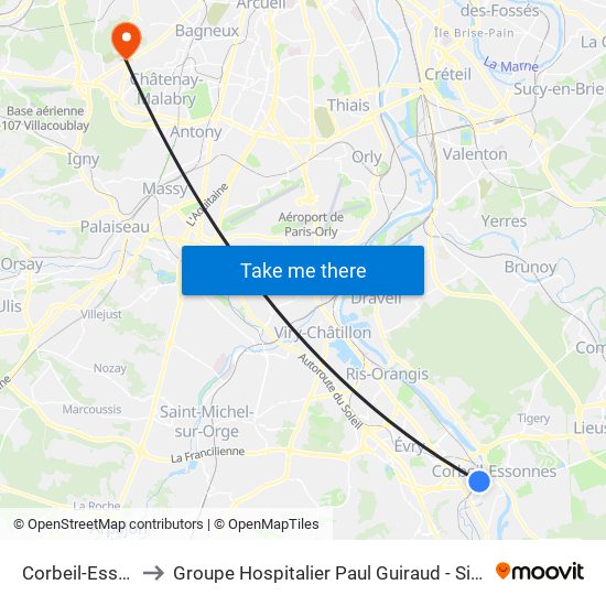 Corbeil-Essonnes to Groupe Hospitalier Paul Guiraud - Site de Clamart map