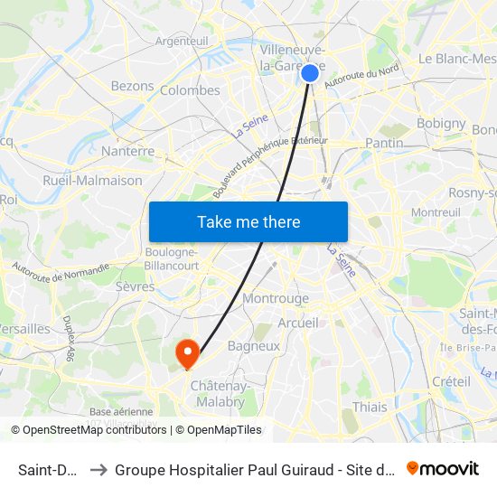 Saint-Denis to Groupe Hospitalier Paul Guiraud - Site de Clamart map