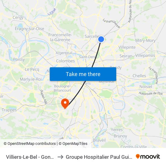 Villiers-Le-Bel - Gonesse - Arnouville to Groupe Hospitalier Paul Guiraud - Site de Clamart map