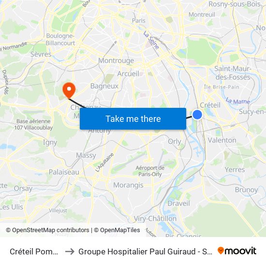 Créteil Pompadour to Groupe Hospitalier Paul Guiraud - Site de Clamart map