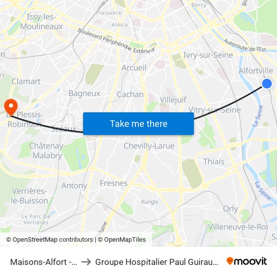 Maisons-Alfort - Alfortville to Groupe Hospitalier Paul Guiraud - Site de Clamart map