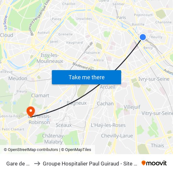 Gare de Lyon to Groupe Hospitalier Paul Guiraud - Site de Clamart map
