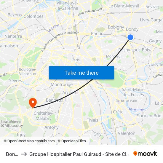 Bondy to Groupe Hospitalier Paul Guiraud - Site de Clamart map